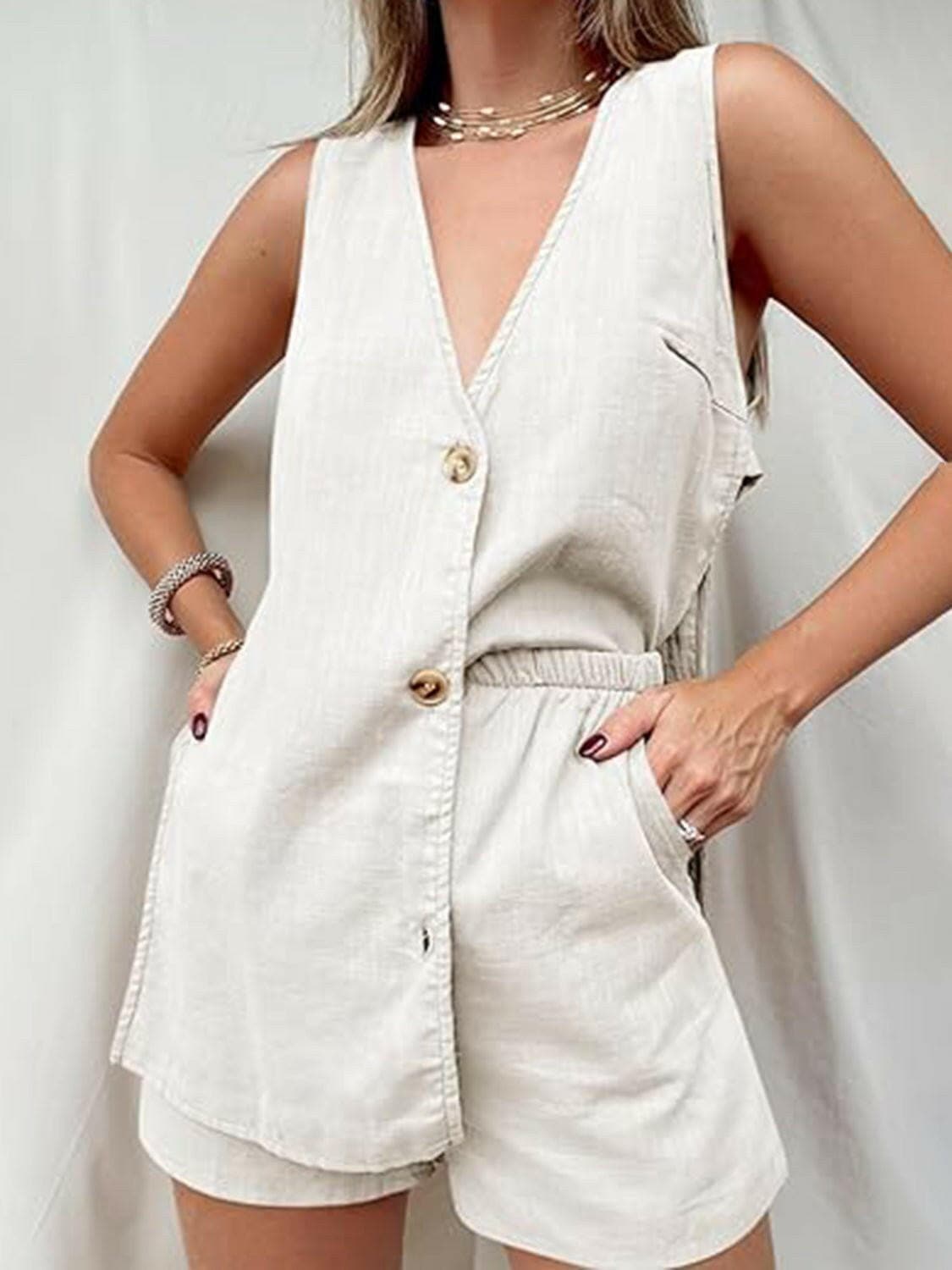 Full Size Button Up Top and Shorts Set - Love Salve