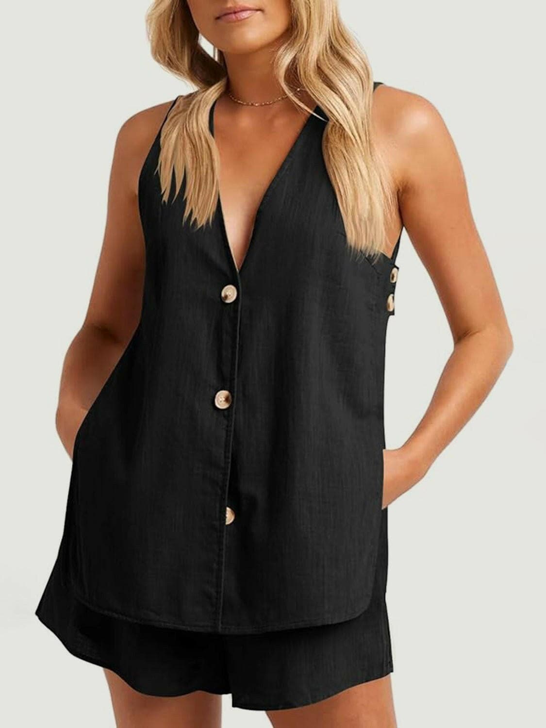 Full Size Button Up Top and Shorts Set - Love Salve