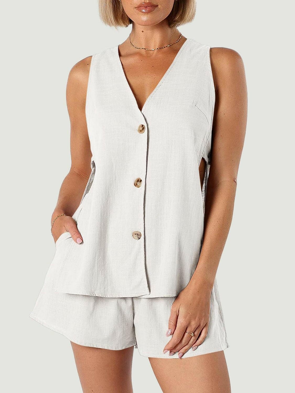 Full Size Button Up Top and Shorts Set - Love Salve