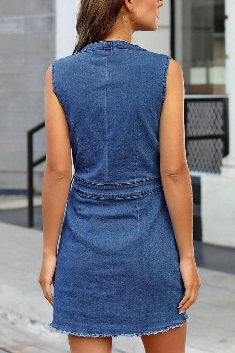 Full Size Button Up V-Neck Sleeveless Denim Dress - Love Salve