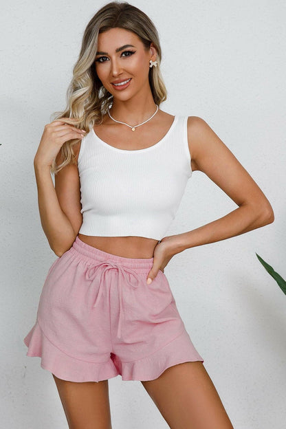 Full Size Drawstring Ruffle Hem Shorts - Love Salve