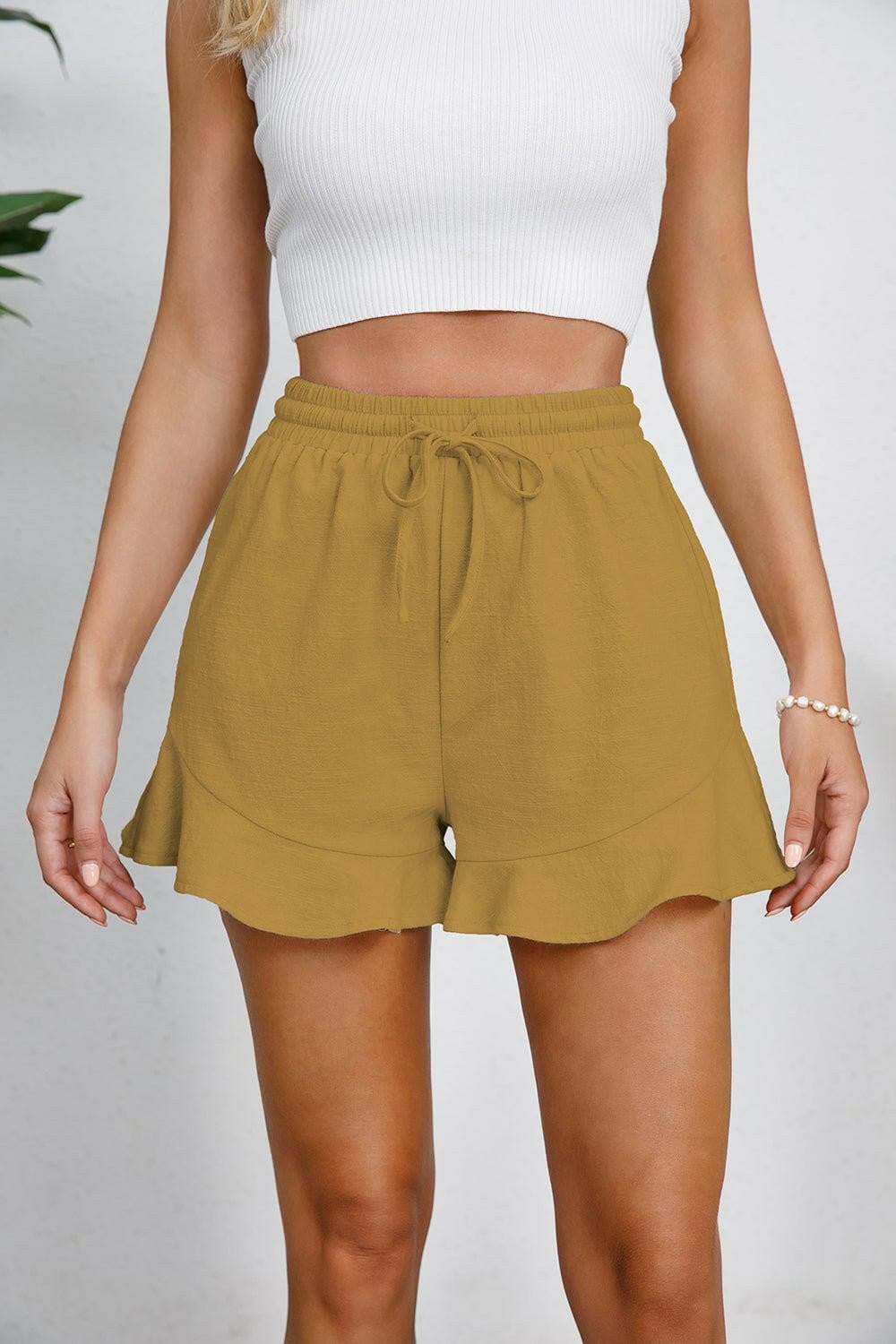 Full Size Drawstring Ruffle Hem Shorts - Love Salve