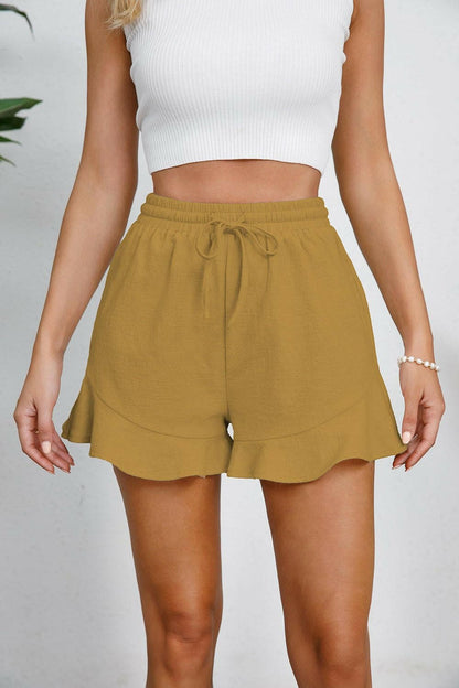 Full Size Drawstring Ruffle Hem Shorts - Love Salve