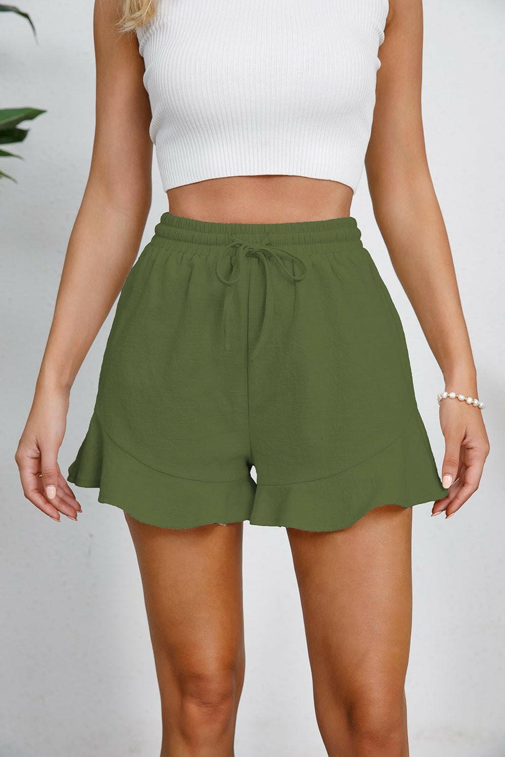 Full Size Drawstring Ruffle Hem Shorts - Love Salve