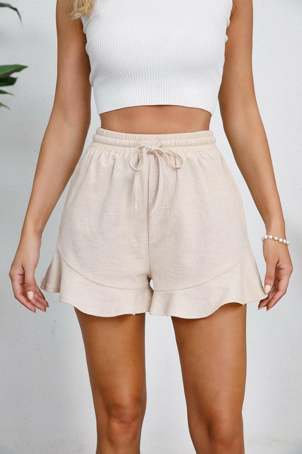 Full Size Drawstring Ruffle Hem Shorts - Love Salve