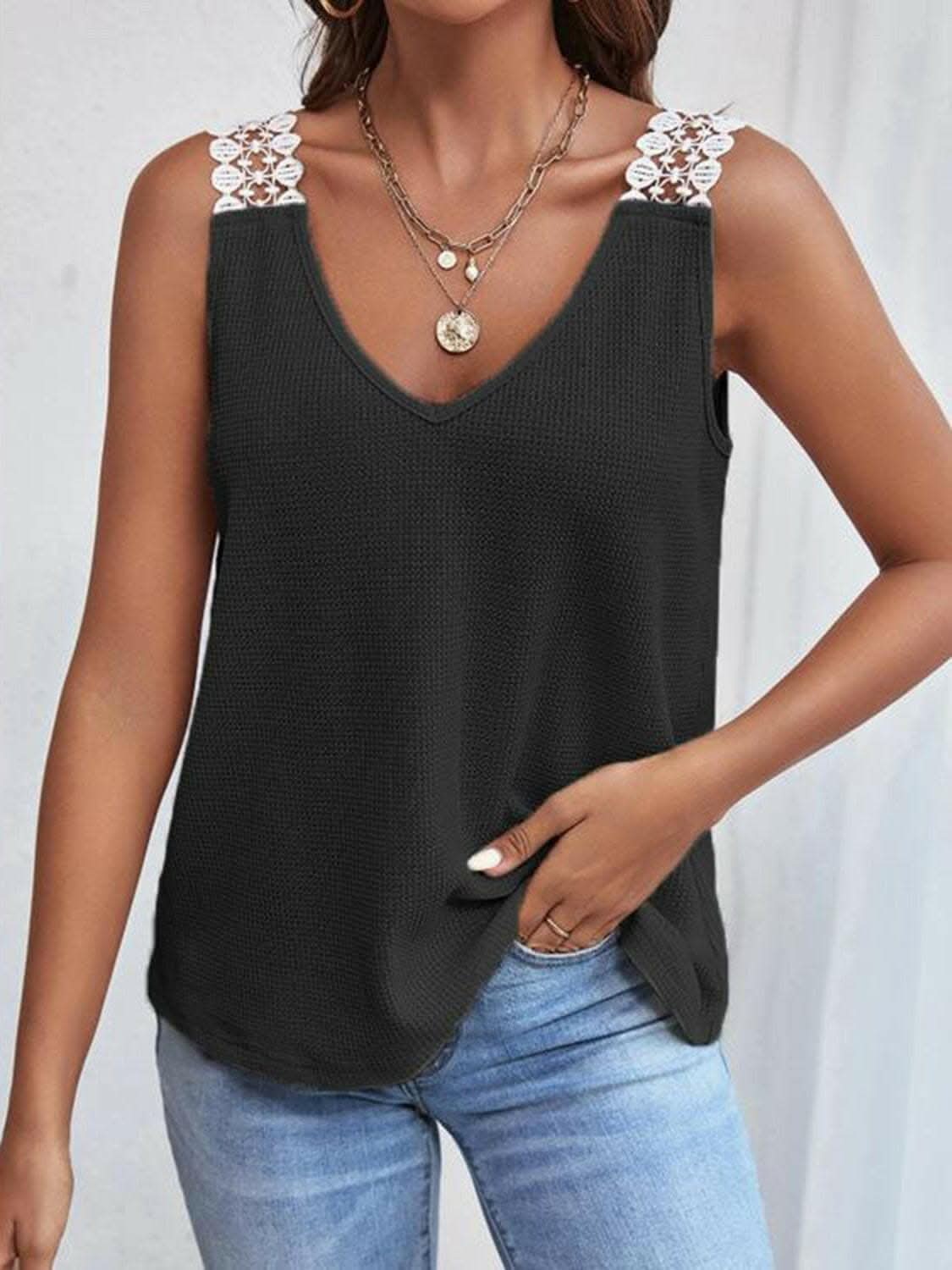 Full Size Lace Detail V-Neck Tank - Love Salve