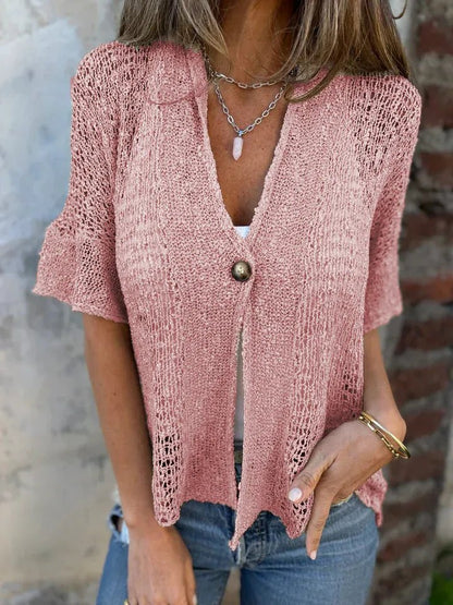 Full Size One Button Openwork Cardigan Plus Size - Love Salve