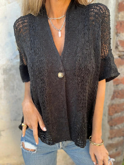 Full Size One Button Openwork Cardigan Plus Size - Love Salve