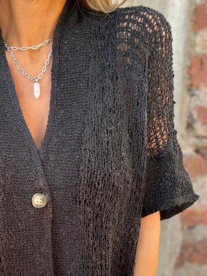 Full Size One Button Openwork Cardigan Plus Size - Love Salve
