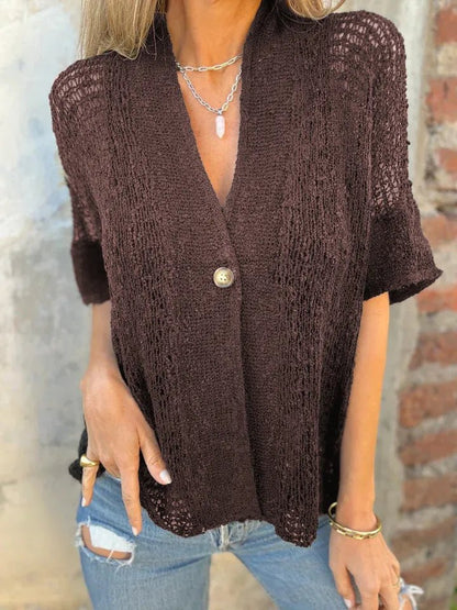 Full Size One Button Openwork Cardigan Plus Size - Love Salve