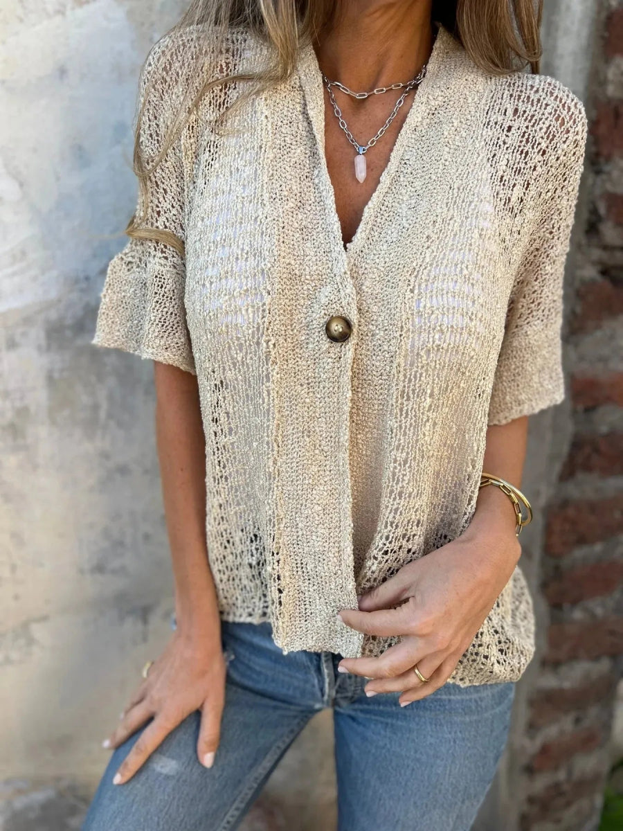 Full Size One Button Openwork Cardigan Plus Size - Love Salve