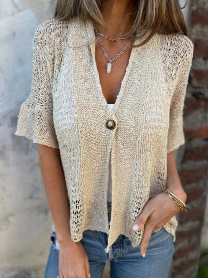 Full Size One Button Openwork Cardigan Plus Size - Love Salve