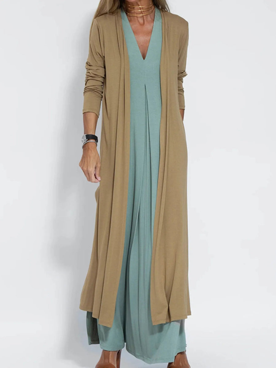 Full Size Open Front Side Slit Longline Cardigan Plus Size - Love Salve
