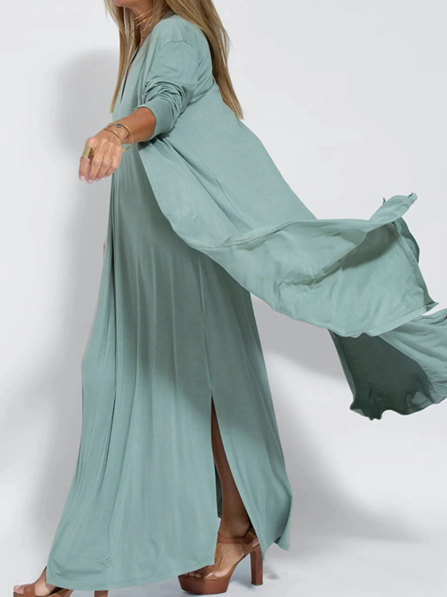 Full Size Open Front Side Slit Longline Cardigan Plus Size - Love Salve