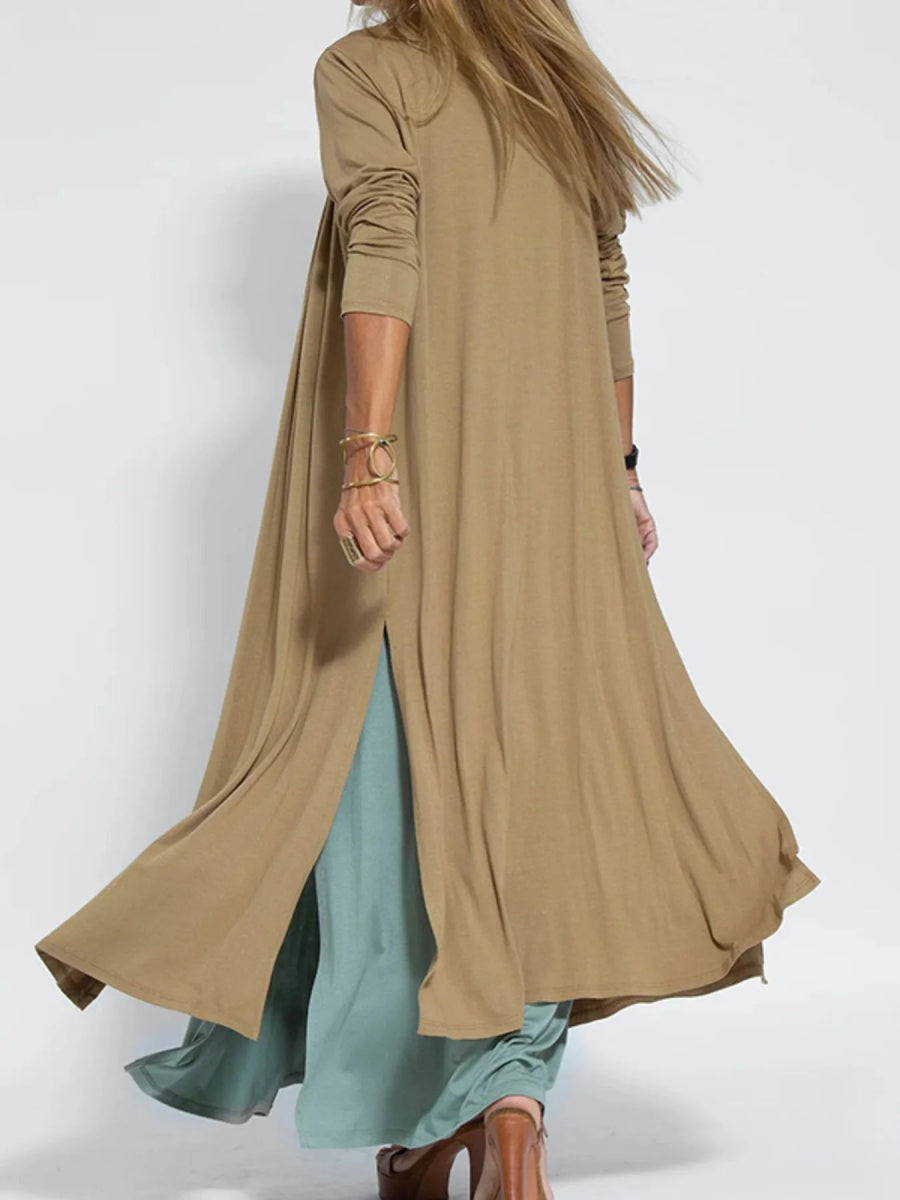 Full Size Open Front Side Slit Longline Cardigan Plus Size - Love Salve