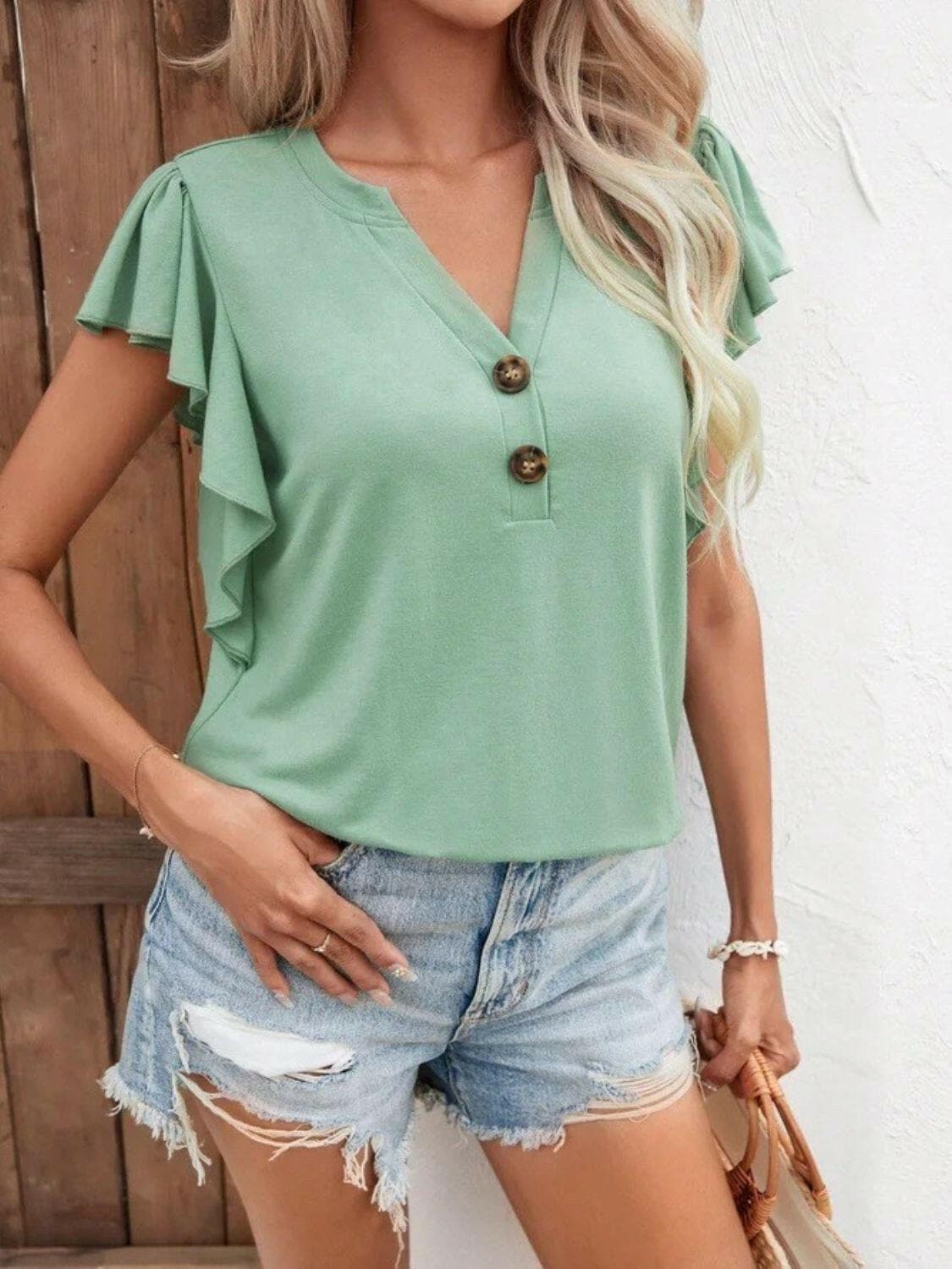 Full Size Ruffled Notched Cap Sleeve T-Shirt - Love Salve