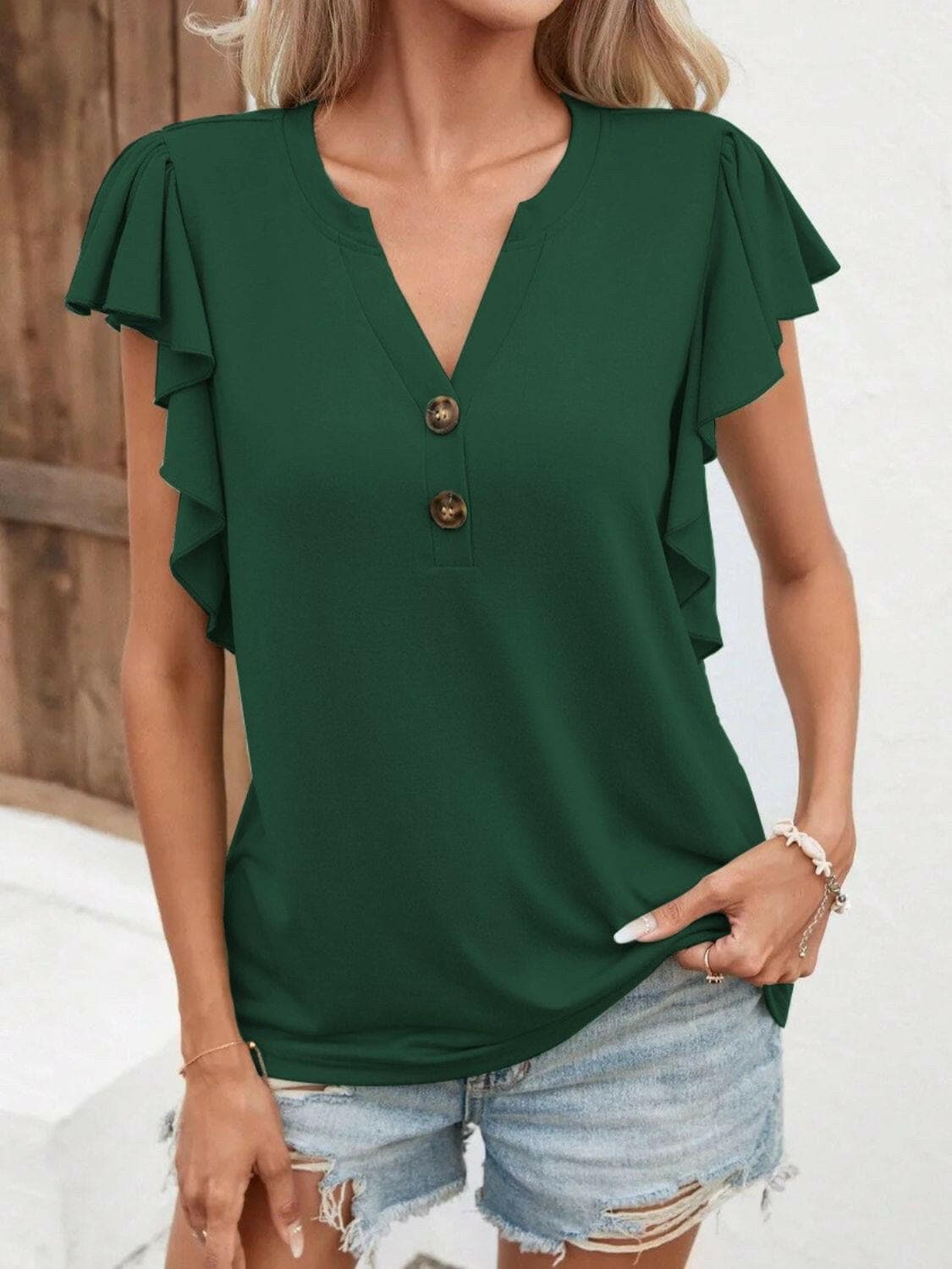 Full Size Ruffled Notched Cap Sleeve T-Shirt - Love Salve