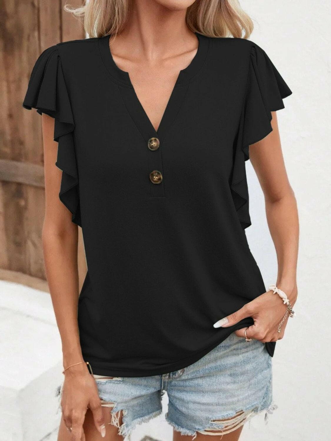 Full Size Ruffled Notched Cap Sleeve T-Shirt - Love Salve