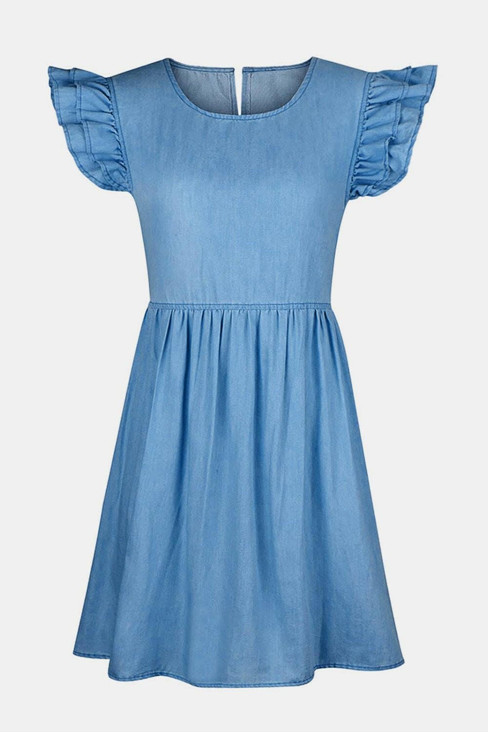 Full Size Ruffled Round Neck Cap Sleeve Denim Dress - Love Salve