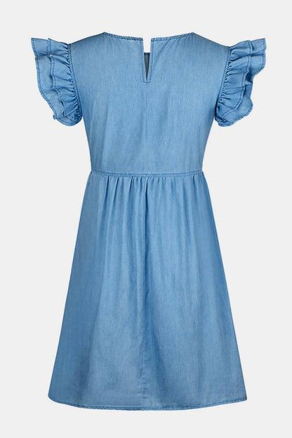 Full Size Ruffled Round Neck Cap Sleeve Denim Dress - Love Salve