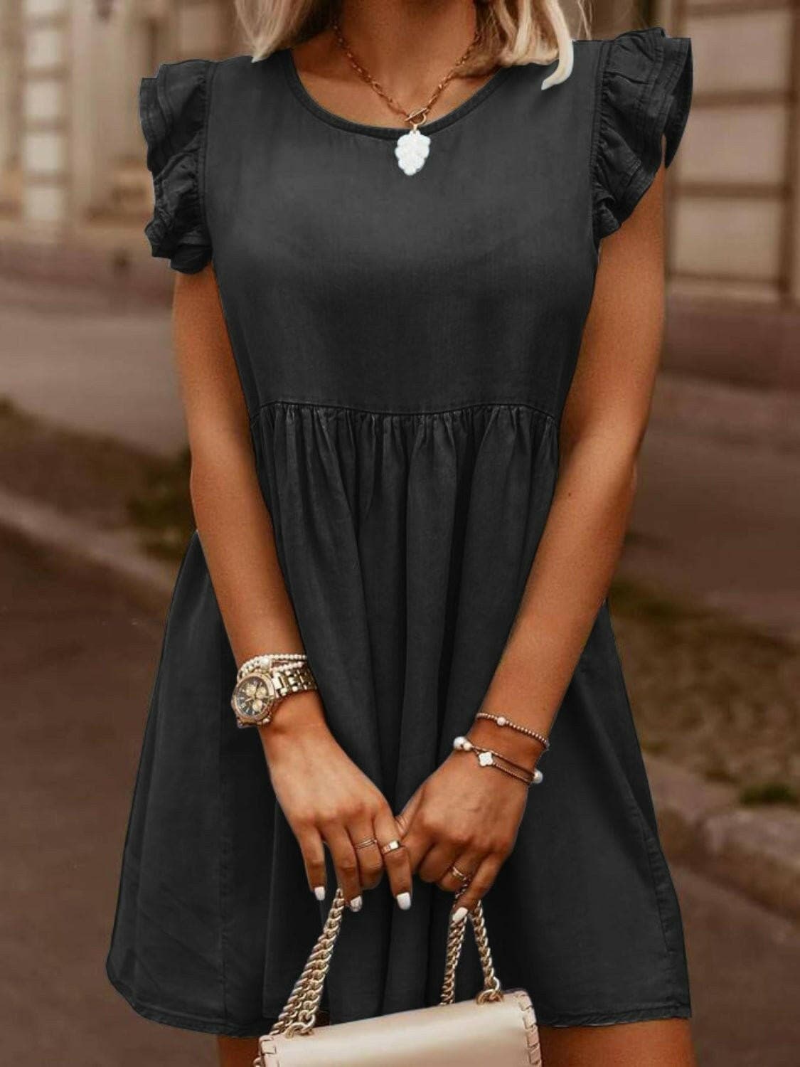 Full Size Ruffled Round Neck Cap Sleeve Denim Dress - Love Salve