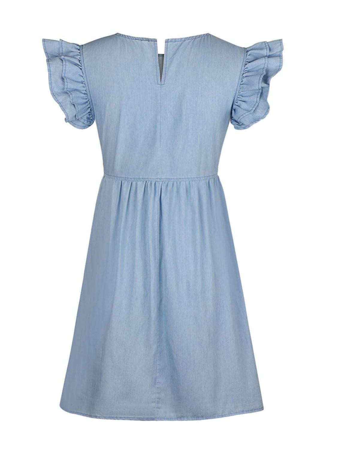 Full Size Ruffled Round Neck Cap Sleeve Denim Dress - Love Salve