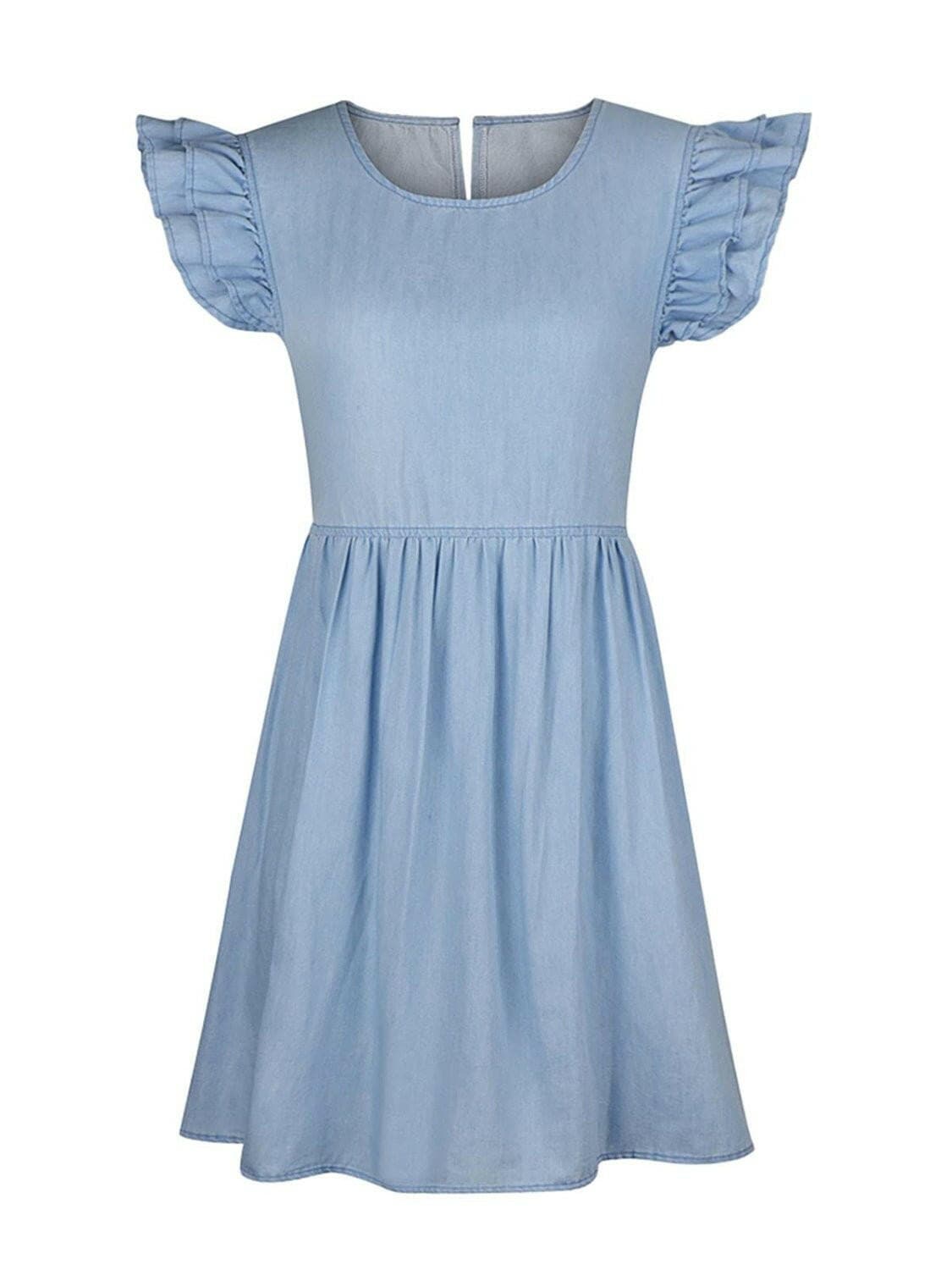 Full Size Ruffled Round Neck Cap Sleeve Denim Dress - Love Salve