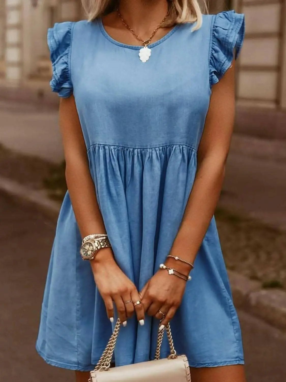 Chic ruffle denim dress, cap sleeves - Love Salve 
