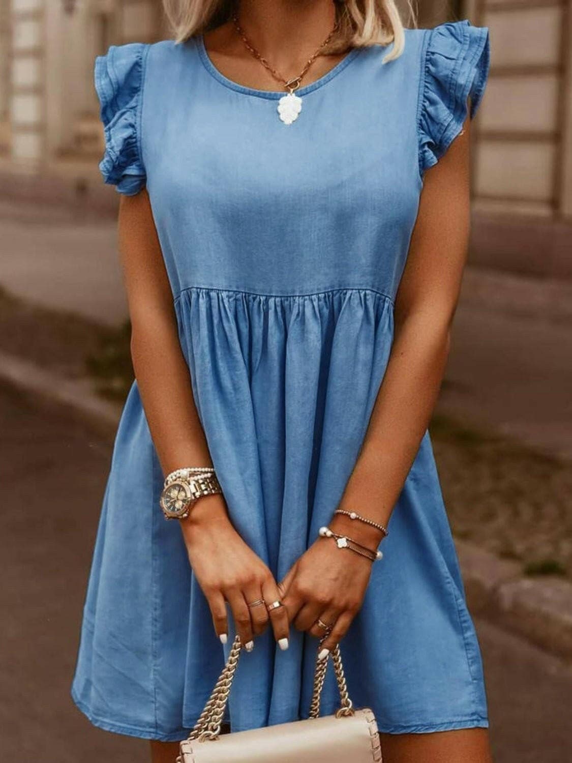 Full Size Ruffled Round Neck Cap Sleeve Denim Dress - Love Salve