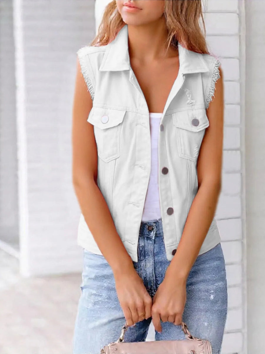 Full Size Sleeveless Frayed Denim Vest Jacket Plus Size - Love Salve