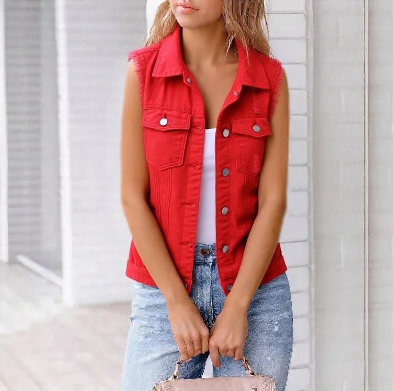 Full Size Sleeveless Frayed Denim Vest Jacket Plus Size - Love Salve