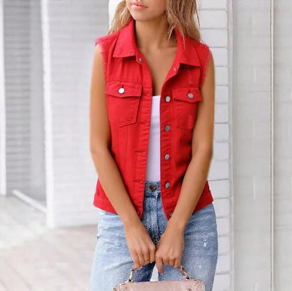 Full Size Sleeveless Frayed Denim Vest Jacket Plus Size - Love Salve