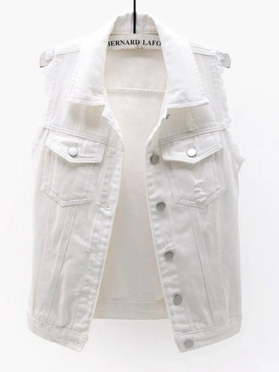 Full Size Sleeveless Frayed Denim Vest Jacket Plus Size - Love Salve