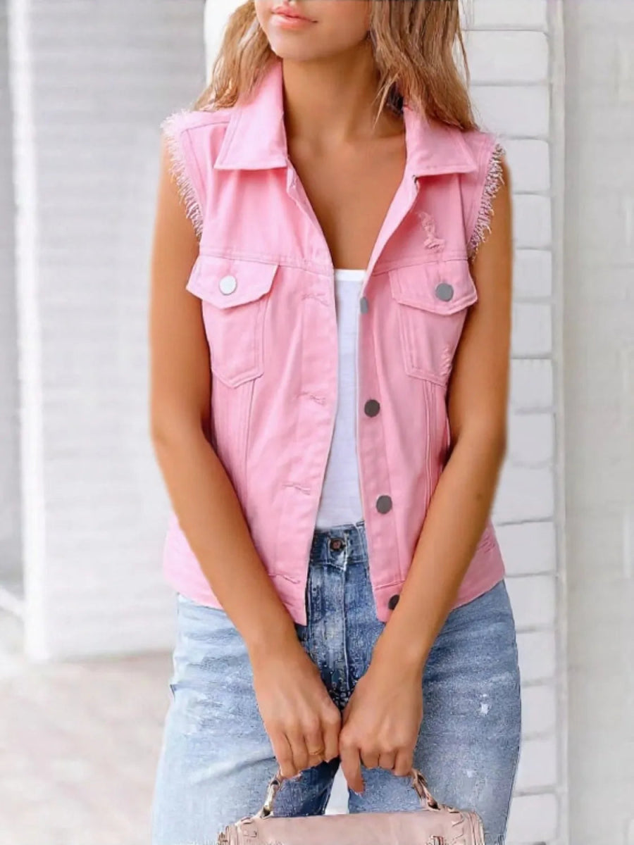 Full Size Sleeveless Frayed Denim Vest Jacket Plus Size - Love Salve
