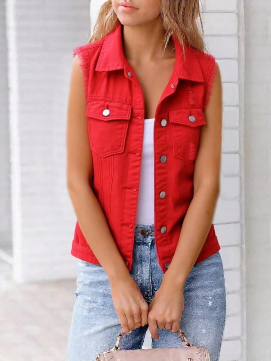 Full Size Sleeveless Frayed Denim Vest Jacket Plus Size - Love Salve