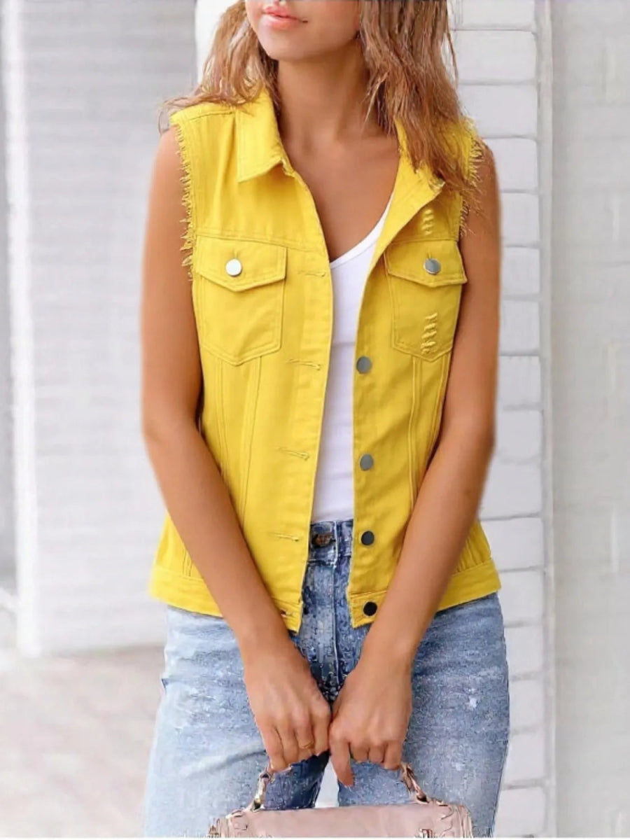 Full Size Sleeveless Frayed Denim Vest Jacket Plus Size - Love Salve