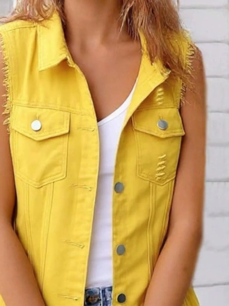 Full Size Sleeveless Frayed Denim Vest Jacket Plus Size - Love Salve