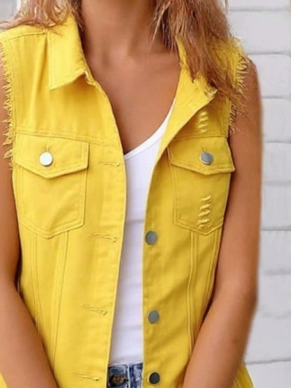 Full Size Sleeveless Frayed Denim Vest Jacket Plus Size - Love Salve