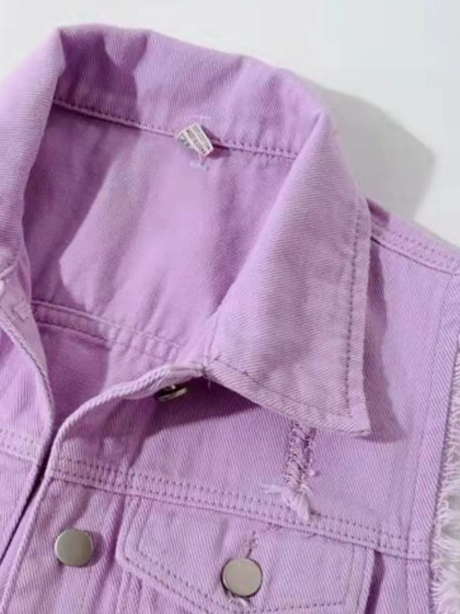 Full Size Sleeveless Frayed Denim Vest Jacket Plus Size - Love Salve