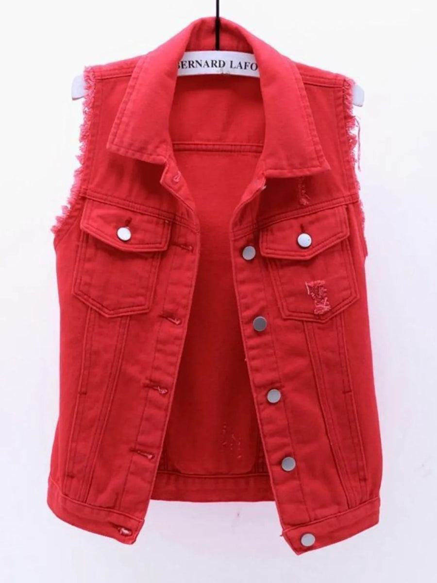 Full Size Sleeveless Frayed Denim Vest Jacket Plus Size - Love Salve