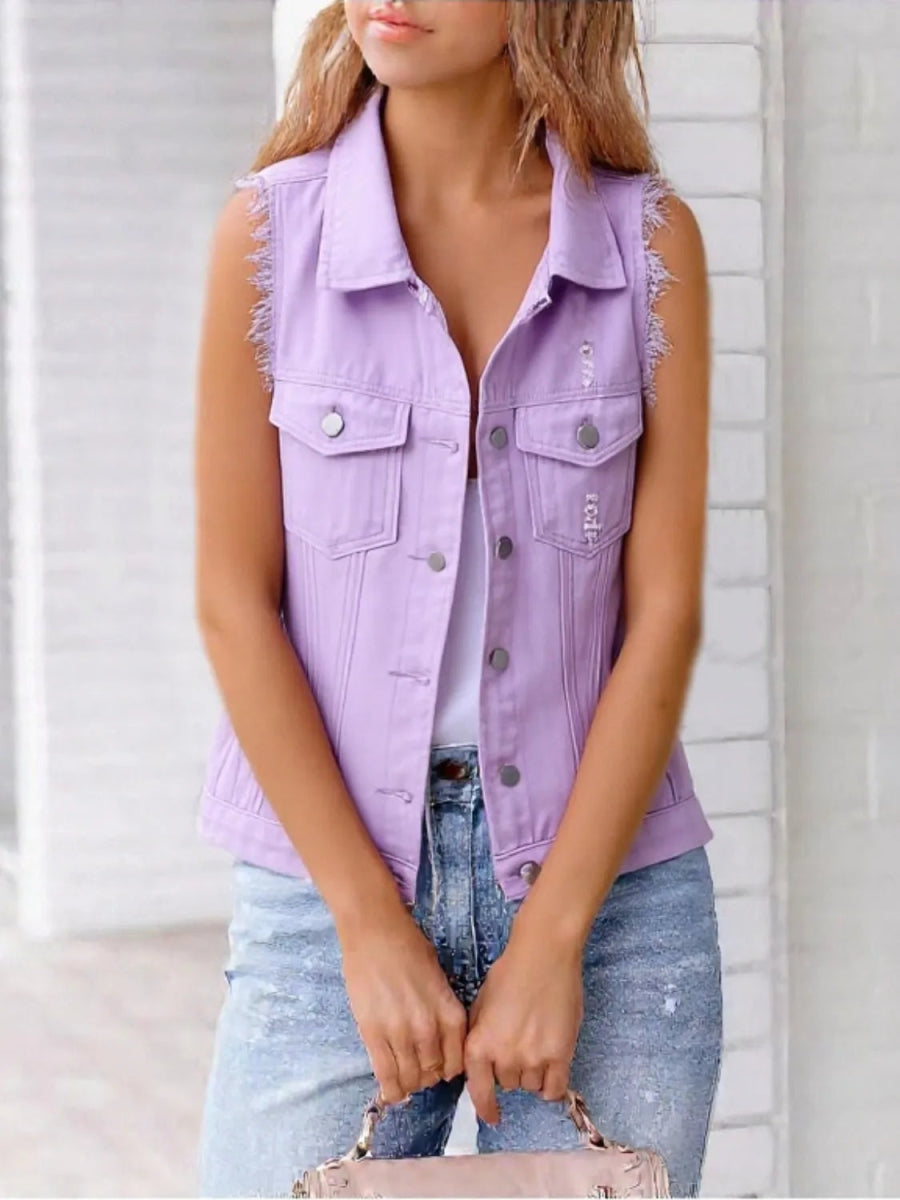 Full Size Sleeveless Frayed Denim Vest Jacket Plus Size - Love Salve
