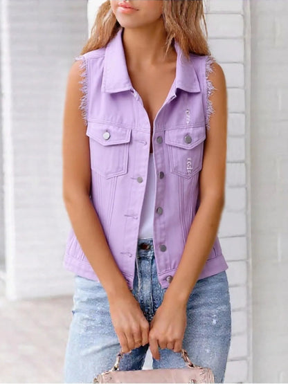 Full Size Sleeveless Frayed Denim Vest Jacket Plus Size - Love Salve