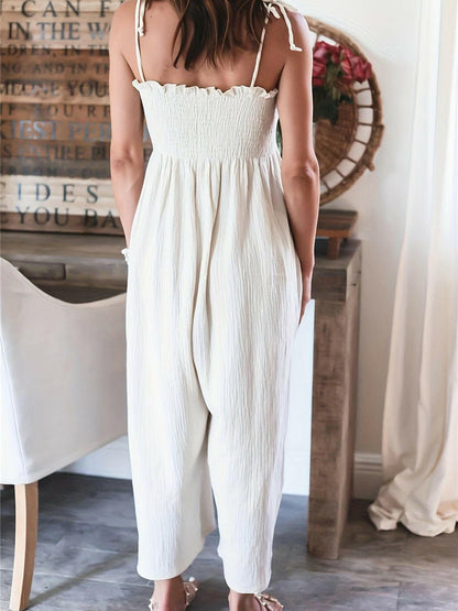 Full Size Smocked Spaghetti Strap Wide Leg Jumpsuit - Love Salve