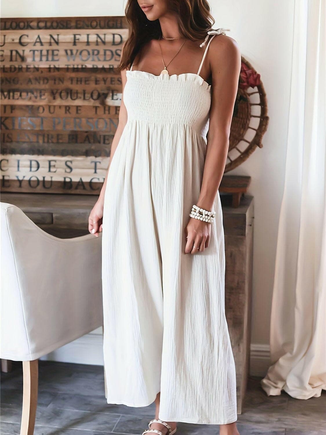 Full Size Smocked Spaghetti Strap Wide Leg Jumpsuit - Love Salve