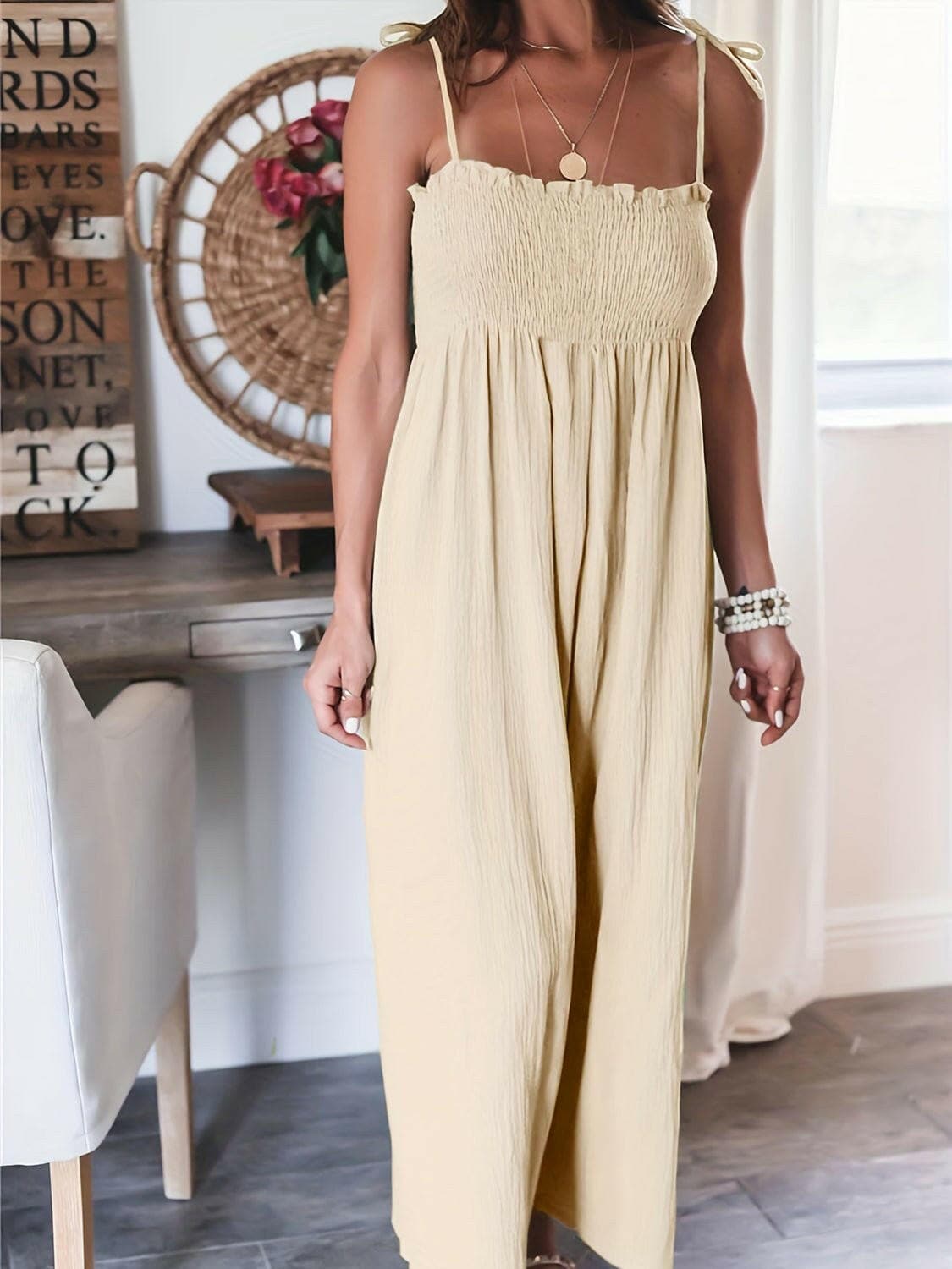 Full Size Smocked Spaghetti Strap Wide Leg Jumpsuit - Love Salve