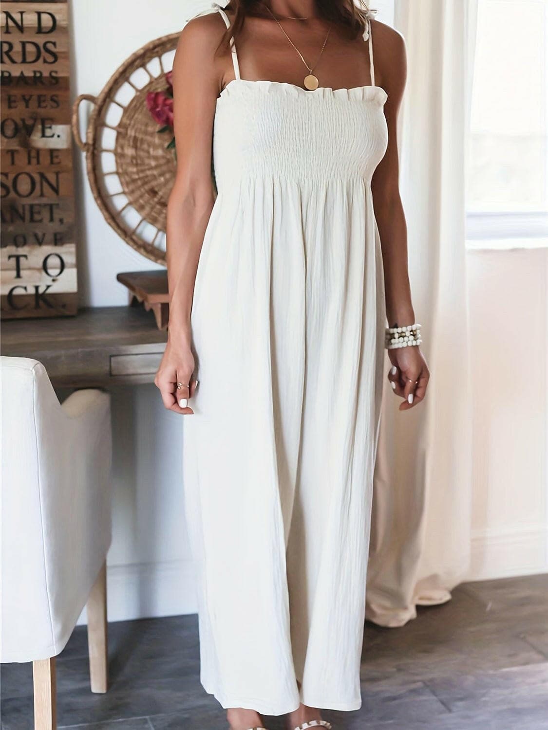 Full Size Smocked Spaghetti Strap Wide Leg Jumpsuit - Love Salve