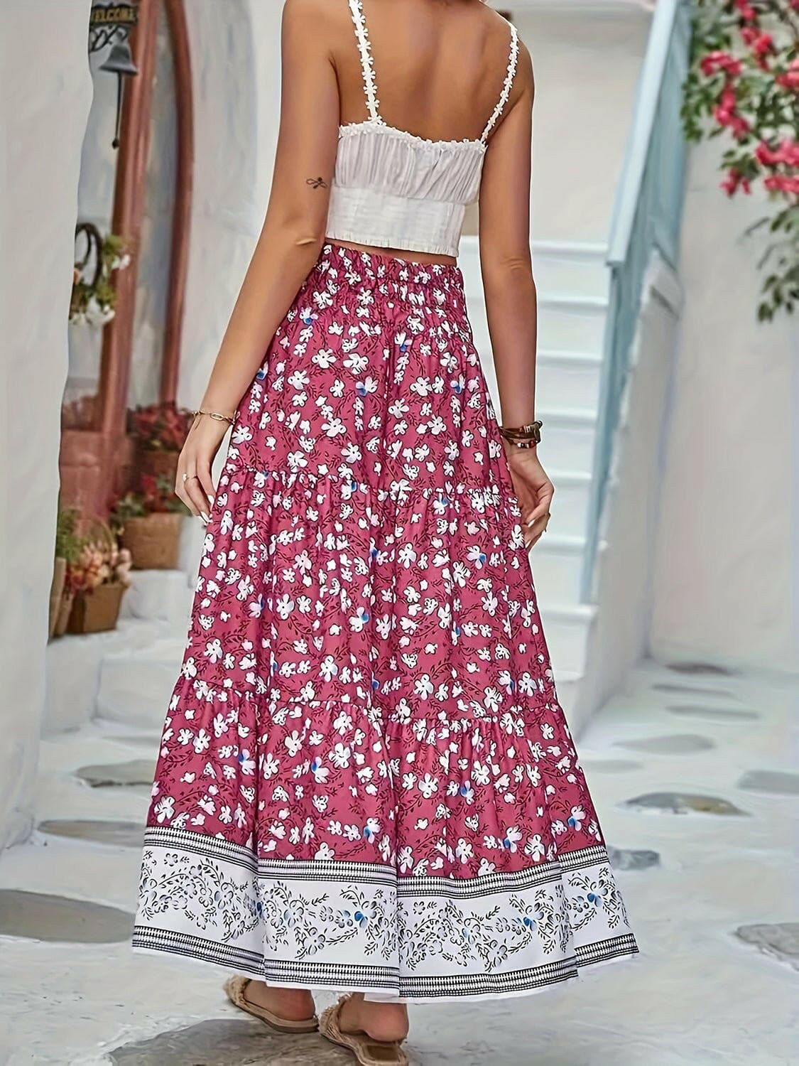 Full Size Tiered Printed Elastic Waist Skirt - Love Salve