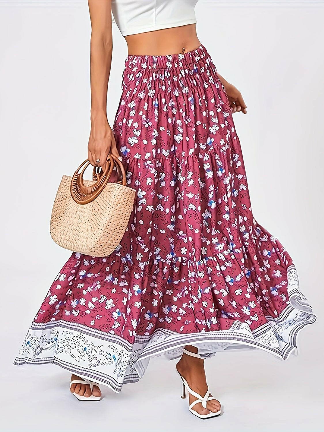 Full Size Tiered Printed Elastic Waist Skirt - Love Salve