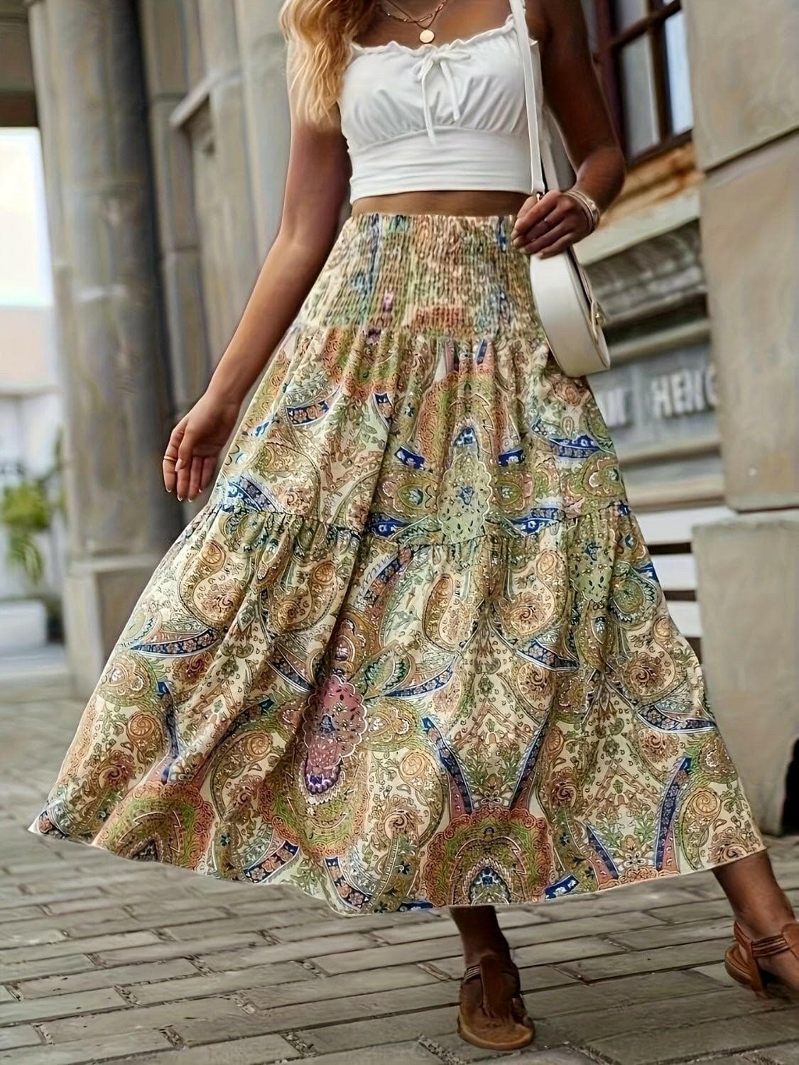 Full Size Tiered Smocked Printed High Waist Skirt - Love Salve