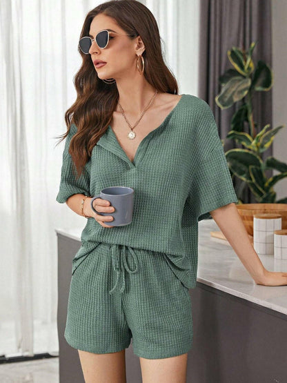 Full Size Waffle-Knit Dropped Shoulder Top and Shorts Set - Love Salve